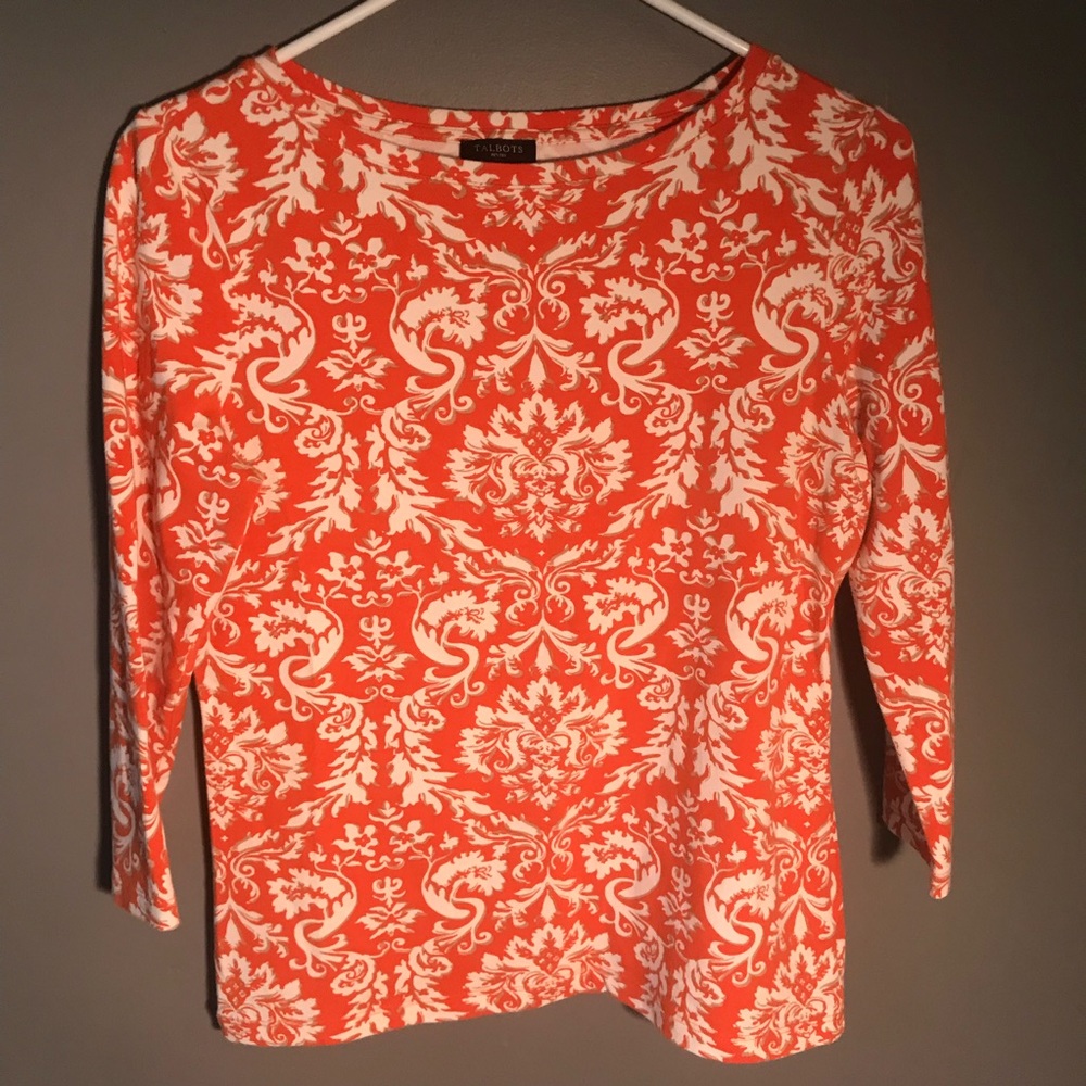 Talbots 3/4 Sleeve Crewneck Blouse Orange White
